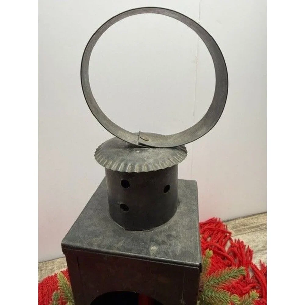 VINTAGE PRIMITIVE TIN CANDLE LANTERN WITH HANDLE 14